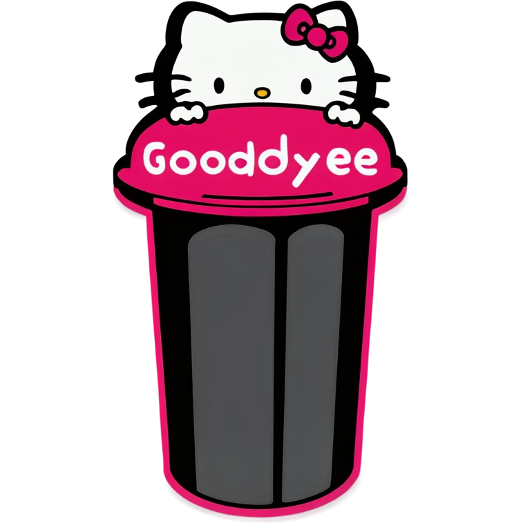 A trash bin that says GOODBYEEEE with hello Kitty in it emoji