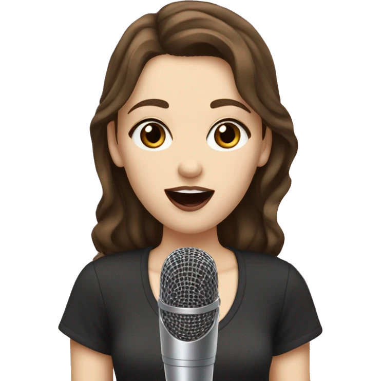 a girl with brown hair, hazel eyes, pale skin, dark lips, singing into a microphone emoji