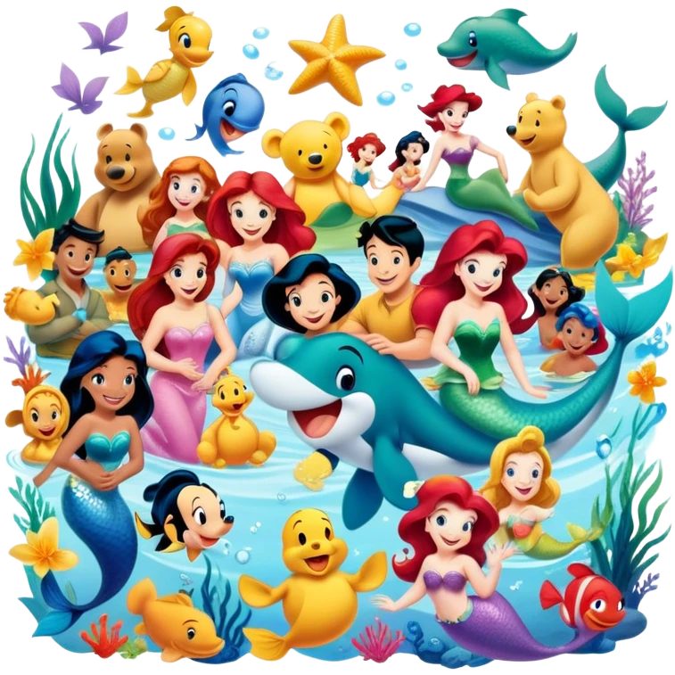 Icon for Animated Characters: A colorful, large-scale collage of beloved cartoon characters, including Franco, Mickey Mouse, Winnie-the-Pooh, Ariel the Little Mermaid, Jasmine and others. Bright and vibrant, full of whimsical charm. Transparent background. emoji