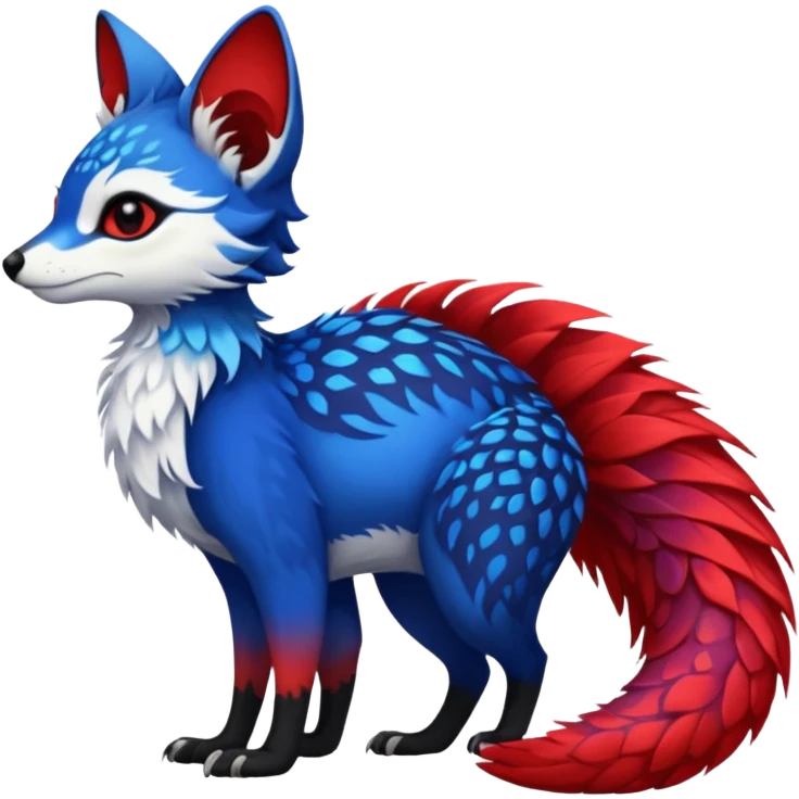 Feral Rare Fantasy vibrant tropical exotic cobalt-blue-crimson-red-black-white-yellow-gradients, Vernid-Trico-species-creature by LiLaiRa, random markings, tufted tail, tufted ears, full body emoji