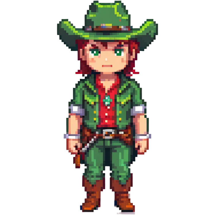 Cowboy character with green outfit and hat, western style emoji