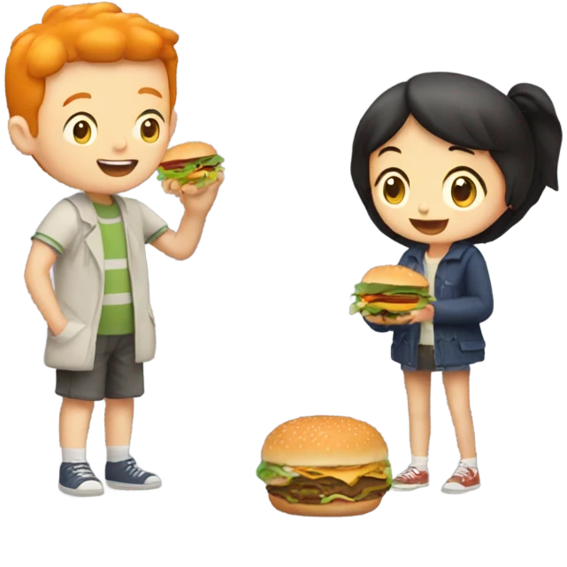 Tall ginger boy and a short asian girl eating burgers together  emoji