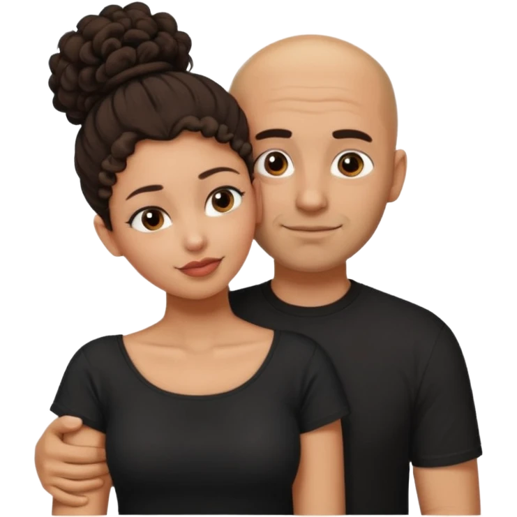 A picture of a tanned couple embracing. the man is a Mexican man with tanned skin, a bald hair cut, short beard and wearing a black shirt. the woman is mixed, with curly dark brown hair in a big messy bun and with big boobs  emoji