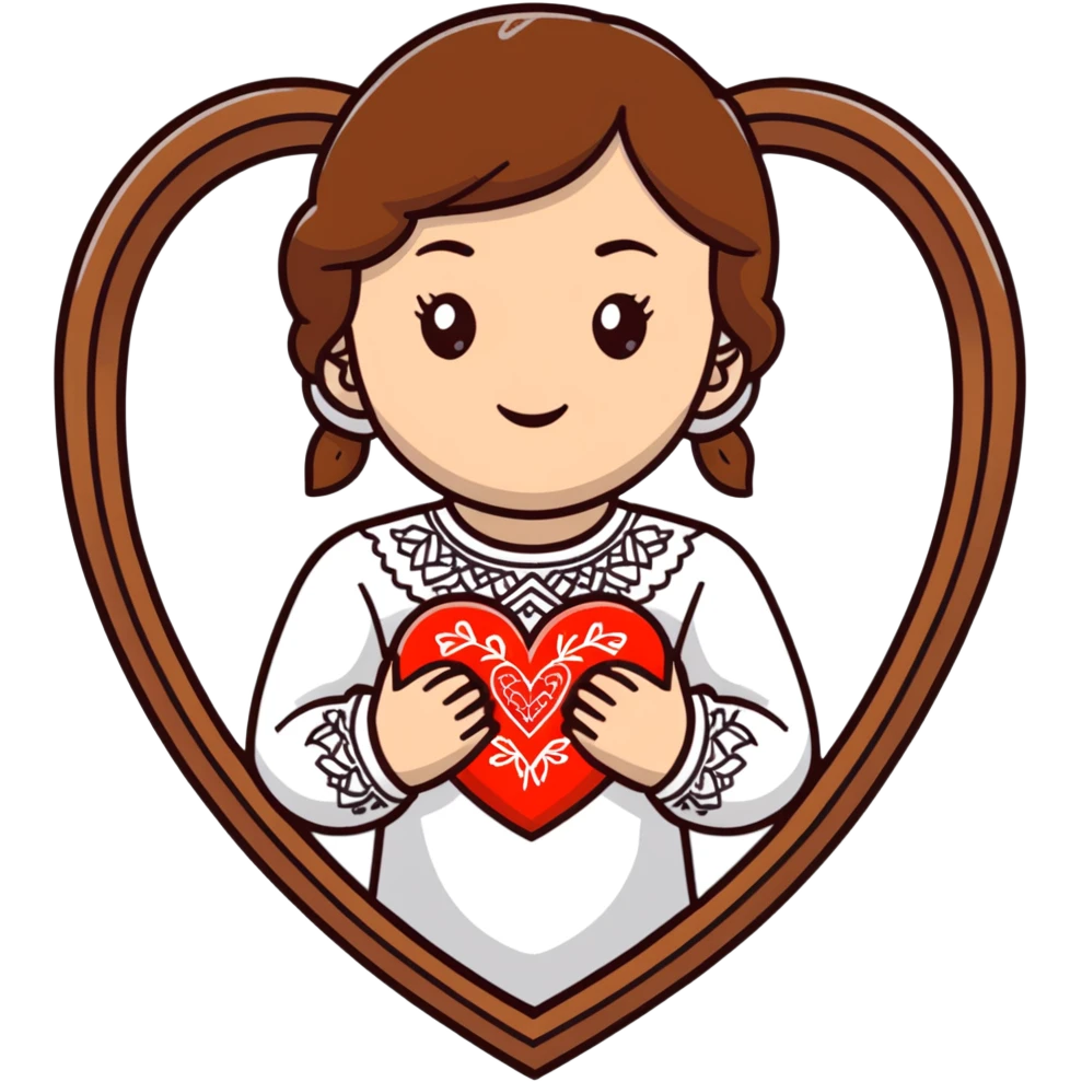 Beautiful young girl with brown hair in a white Ukrainian embroidered shirt holding a large embroidered heart emoji