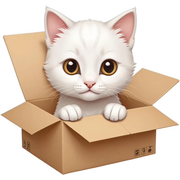  A very cute white young kitten cat with one's head tilted to one side poked its paws out of the cardboard big box and placed them on top of it emoji