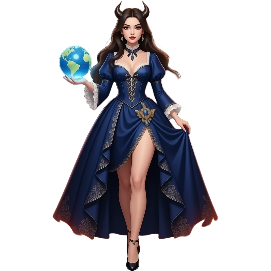 a seductive evil beautiful woman in a long dark blue ornate Victorian dress with a deep neckline holds a glowing globe in her hand and steps out of a circle of fire emoji