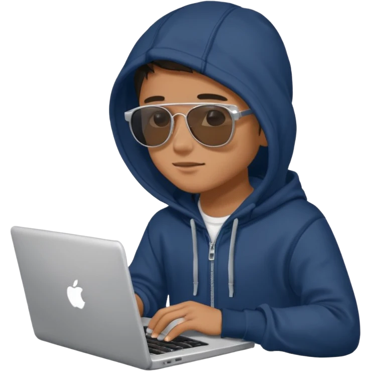 boy with sunglasses and a hoodie sitting with a laptop emoji