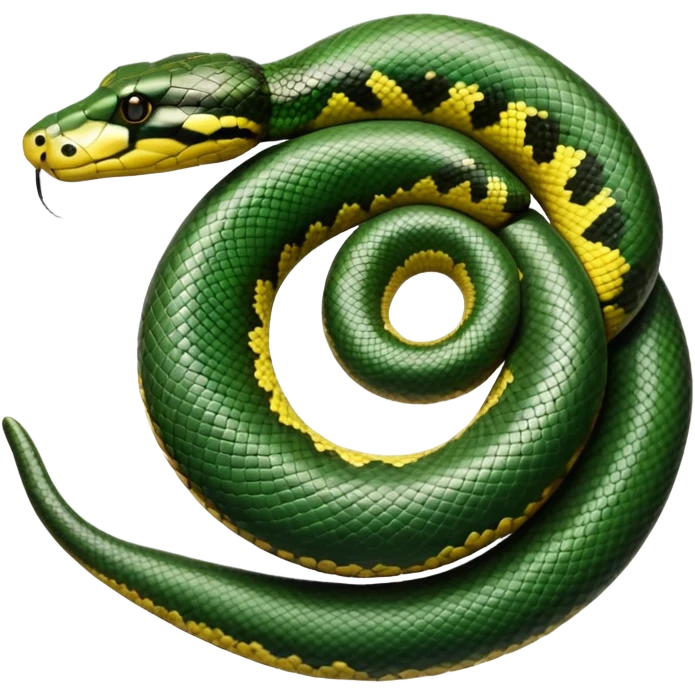 A photo-realistic top-down view of a Green Anaconda tightly coiled in a spiral, with its broad, flat head resting at the center. Its thick, muscular body is olive-green and covered in symmetrical, bold black oval spots that stand out against its smooth scales, creating striking natural camouflage. emoji