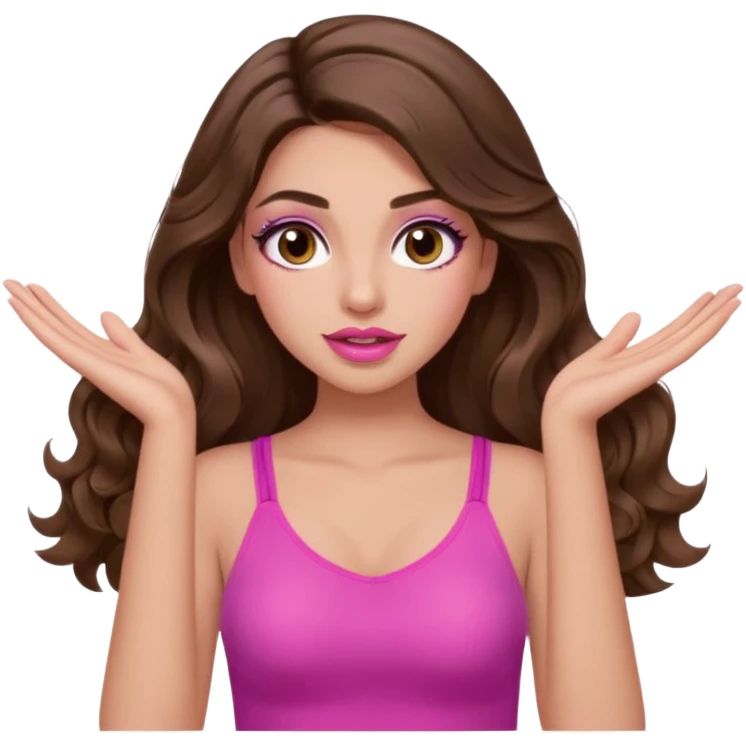 girl with long wavy brown hair, brown eyes, long lashes makeup, sexy pink lips, light to medium complexion, pink sexy top, two hand up shrugging emoji