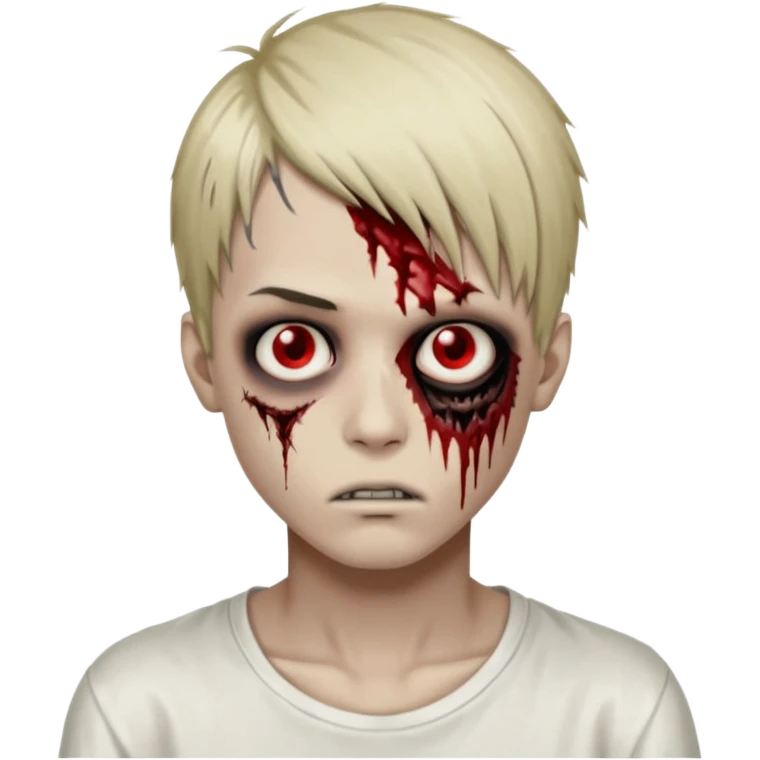 zombie boy, hair looks like L of Death Note, black background, bloodstained white shirt, emo, dark circles eyes emoji