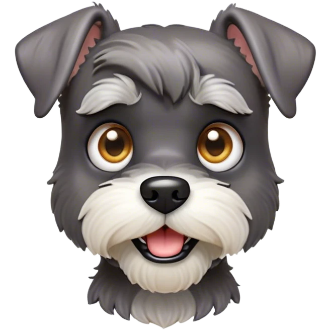 Cinematic Comical Miniature Schnauzer Portrait Emoji, Head tilted dramatically with a comically shocked expression and large, animated eyes, featuring a sharply defined salt-and-pepper fur with exaggerated, humorous eyebrows, simplified yet hilariously detailed, glowing with a bold, playful radiance, high shine, exuding a spirited and cheeky charm, styled with a soft glowing outline, capturing the essence of a Miniature Schnauzer that appears ready to dash into a burst of comic energy! emoji