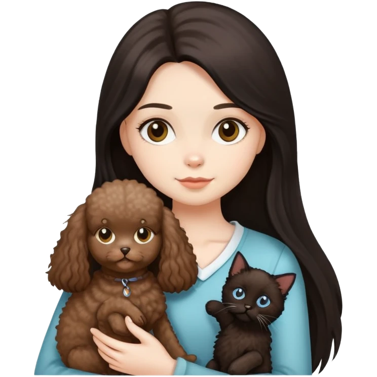 女仔黑色直長頭髮，￼抱住一隻啡色小型貴賓犬， 同埋一隻布偶貓 emoji