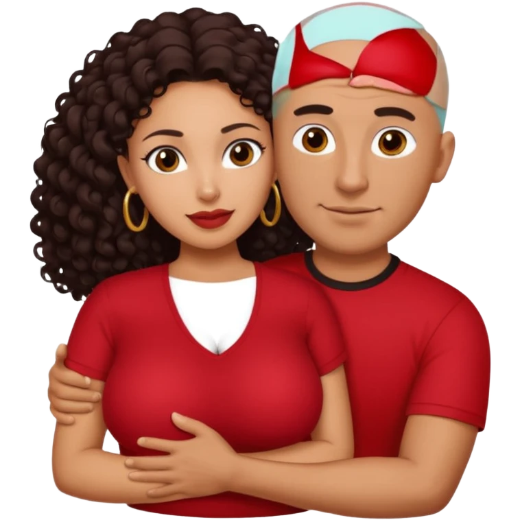 A picture of a sexy tanned couple embracing. the guy is Mexican, with a bald hair cut and he is wearing a red shirt. the girl is mixed, the girl is wearing a black shirt, the girl has curly longer dark brown hair and with big boobs  emoji