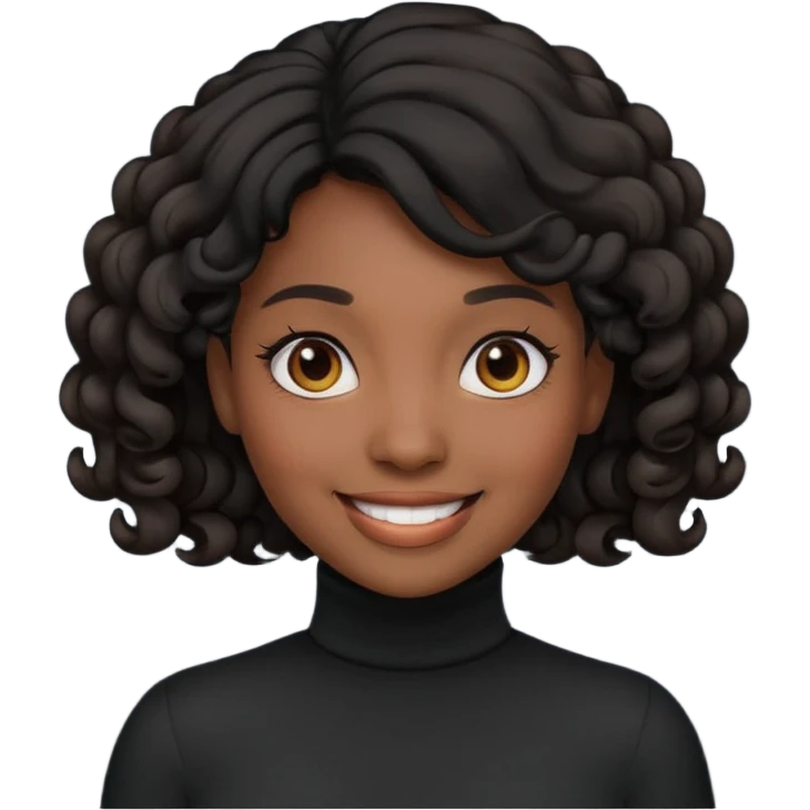 Create a custom emoji-style character inspired by a smiling black woman with curled black hair, dark skin tone, dark eyes, and wearing a turtleneck.  emoji
