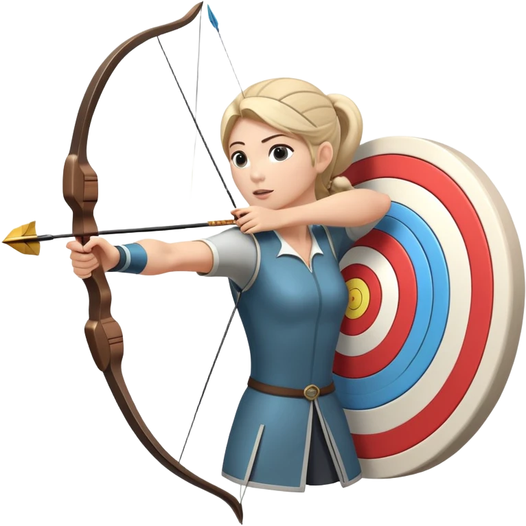 An archer drawing a bow and aiming an arrow at a target, with perfect focus and precision. The target is visible in the background, featuring concentric rings. The scene captures the concentration and skill involved in archery, emphasizing the elegance and accuracy of the sport. emoji