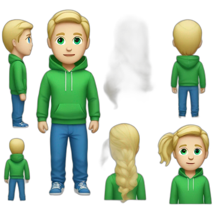white guy with blue pants and a green hoodie with blonde hair and blue eyes emoji