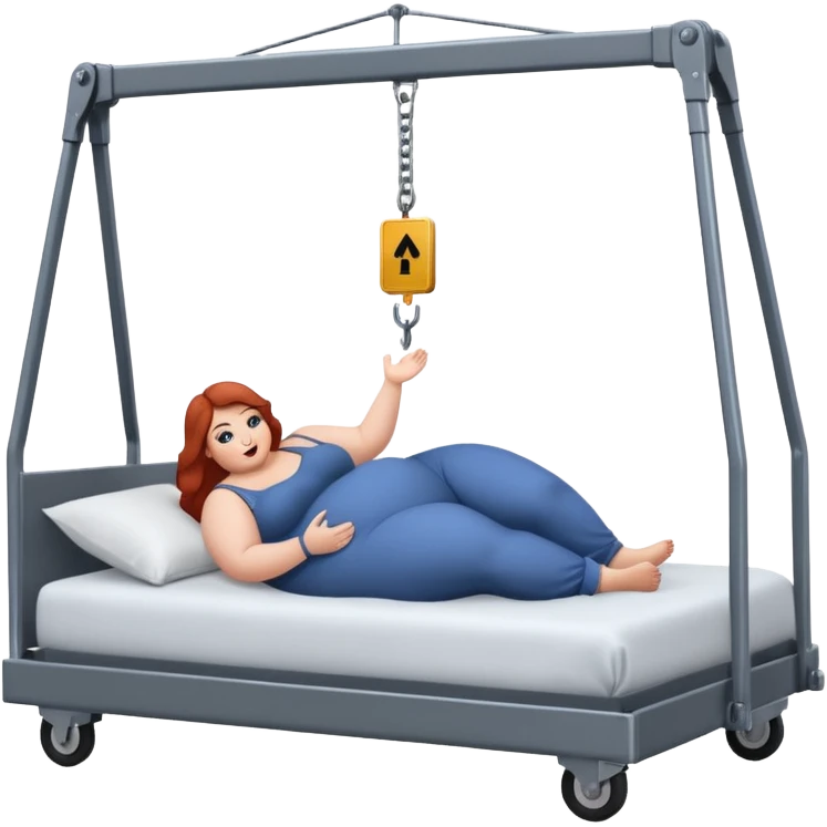 Extremely large women in bed being lifted by a crane emoji