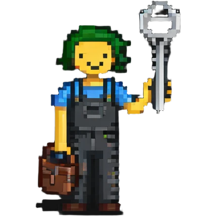 Technical pixel art badge with colorful stick figure holding car tool key emoji