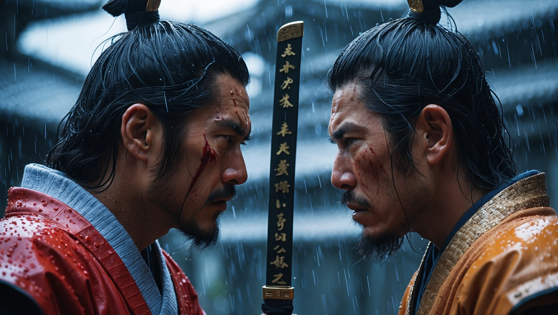A cinematic scane of a two japan samurai face to face ready to fight during rain, Medium shot, deph composition, tense atmosphere, shot by arri alexa, interstellar look emoji