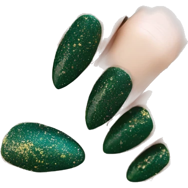 Dark green almond shaped finger nails with gold glitter emoji