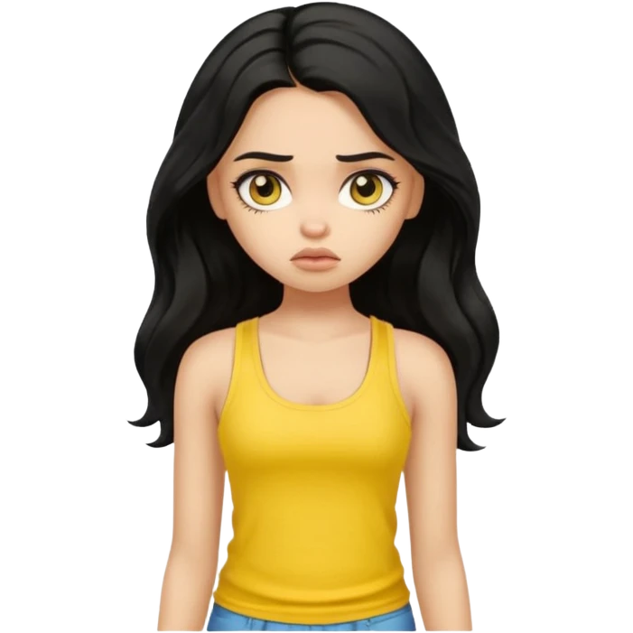 a pretty bratz girl with long wavy black hair, wearing a yellow tank top. looking sad emoji