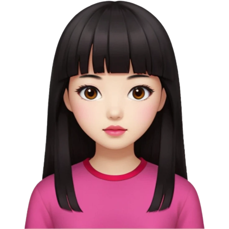 Korean girl, red top, black brown hair, brown eyes, long hair, cool girl, aesthetic, long hair, hime cut, blunt bangs, pink lips, pink cheek emoji