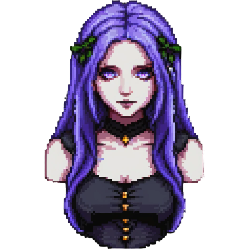pixel art of a gothic woman with purple hair, witchy touch emoji