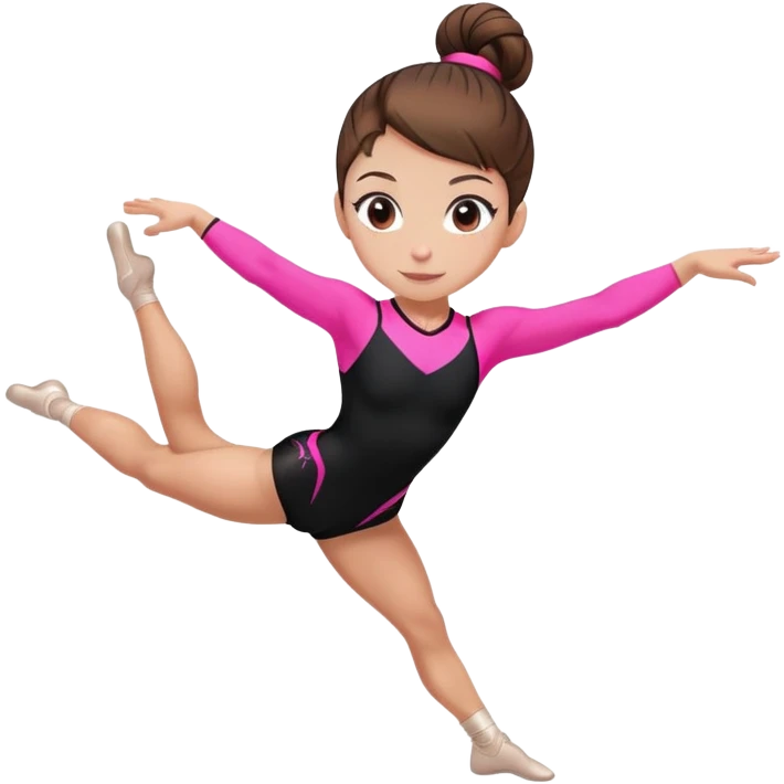 A female gymnast with brown hair in a neat bun, wearing a black uniform with neon pink elements. emoji