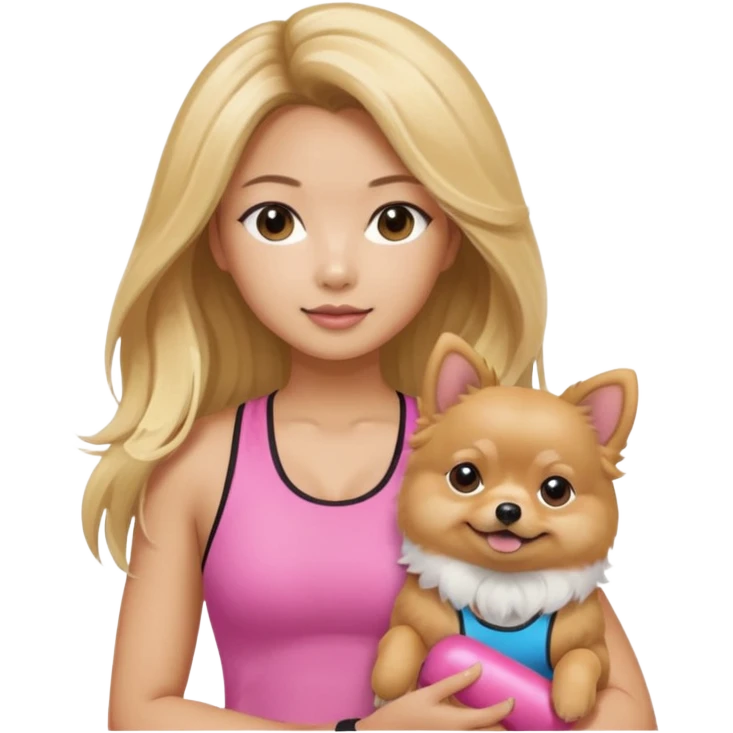 An Asian lady with long, blonde balayage hair, blonde highlights, wearing a pink gym outfit, holding a Pomeranian emoji