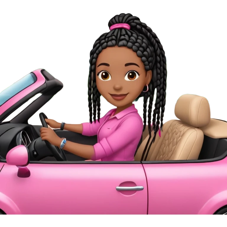 A dark-skinned Black woman with black box braids, driving a pink car emoji