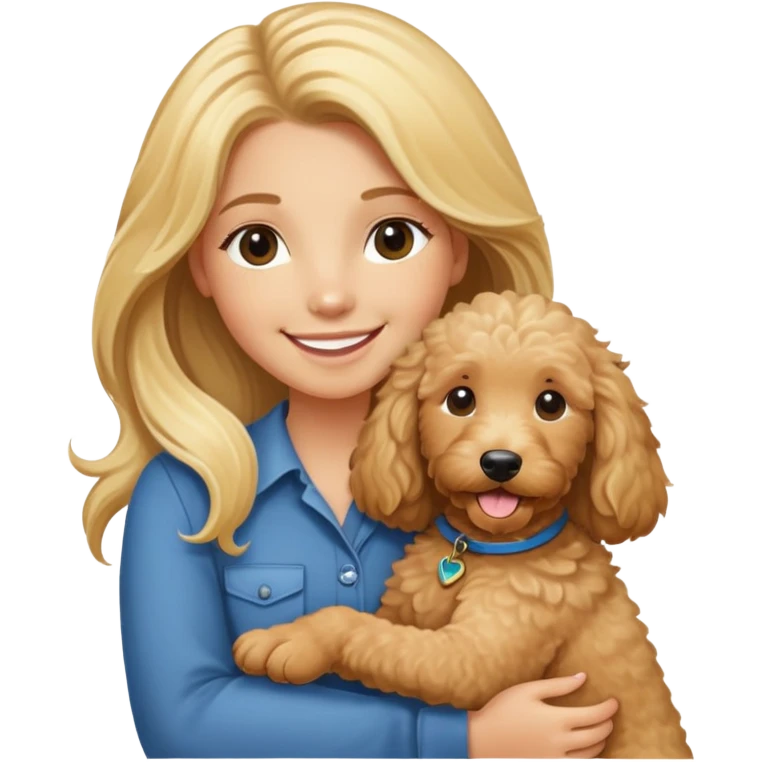 blonde girl long hair smiling holding tan goldendoodle emoji