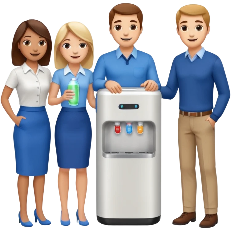 a group of employees gathered around a water cooler, smiling and chatting emoji
