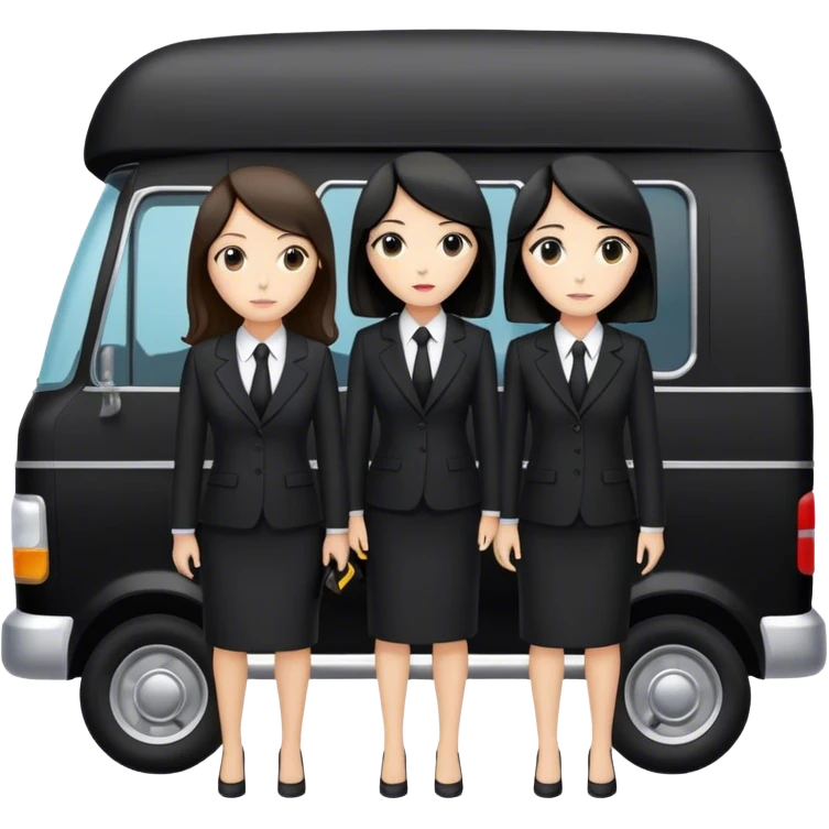 2 woman in a suit. One is brunett and one has black hair standing in front of a black funeral van with a stretcher with a body bag on it  emoji