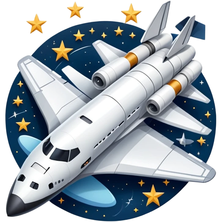 An icon featuring a space shuttle and an airplane against a starry sky, symbolizing aerospace technology. The design includes rocket boosters and satellite orbits, representing the exploration of space and advanced aviation. Transparent background emoji