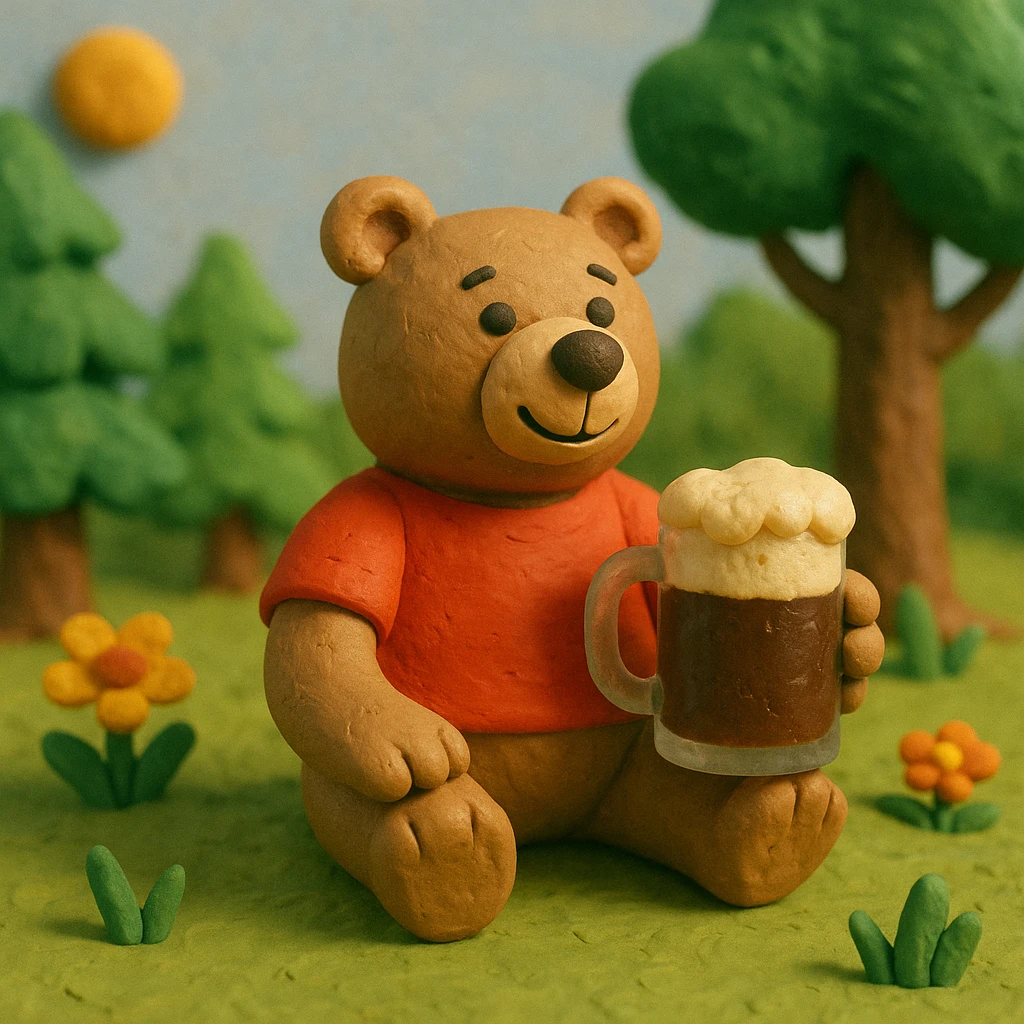 cartoon bear in a red t-shirt sitting on grass in a sunny forest clearing on a clear summer day, holding a glass mug of kvass with foam emoji