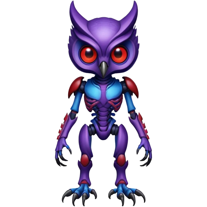 Owl xenomorph hybrid front facing full body dark purple and blue and red emoji