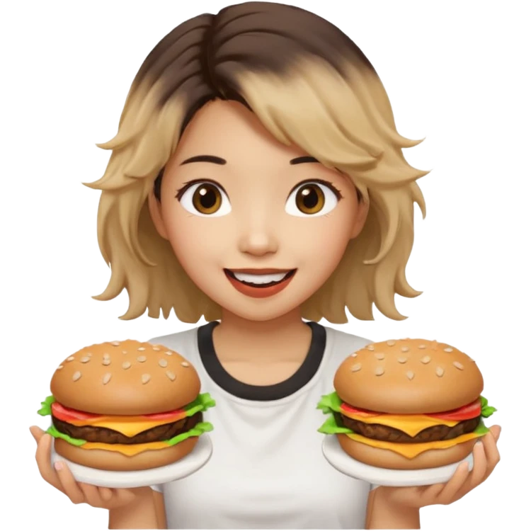create a humongous asian girl with 2 burgers and a cookie in her mouth emoji