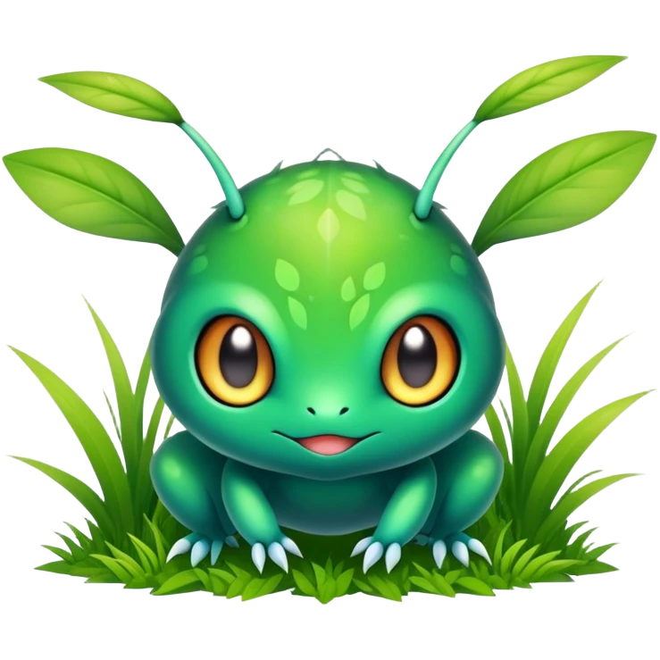 Elemental animesque cute chibi bug-grass-type magical colorful exotic animesque Pokémon-Fakémon-animal-creature with big adorable anime eyes emoji