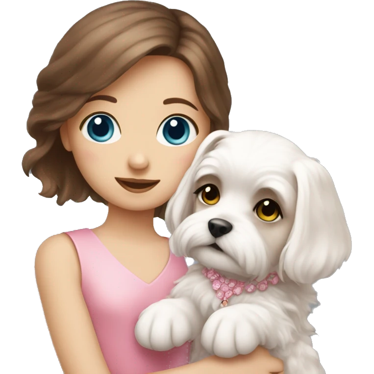 Brown hair blue eyes girl with maltese puppy with pink dress emoji