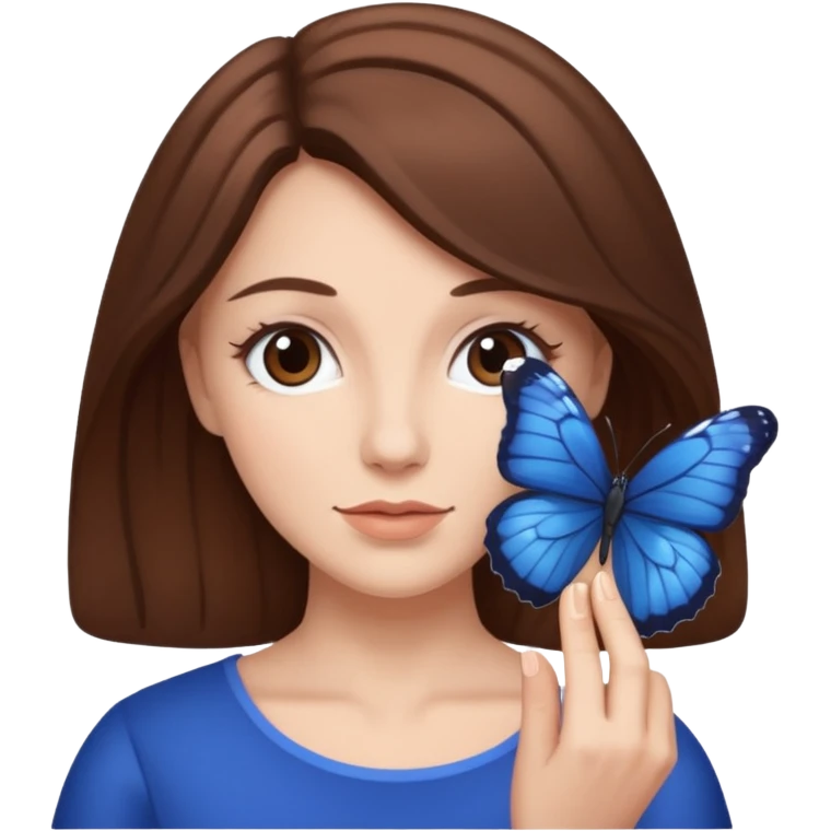 Cabelos de cor morro uma mulher branca com uma borboleta na cor azul escuro sua mão emoji