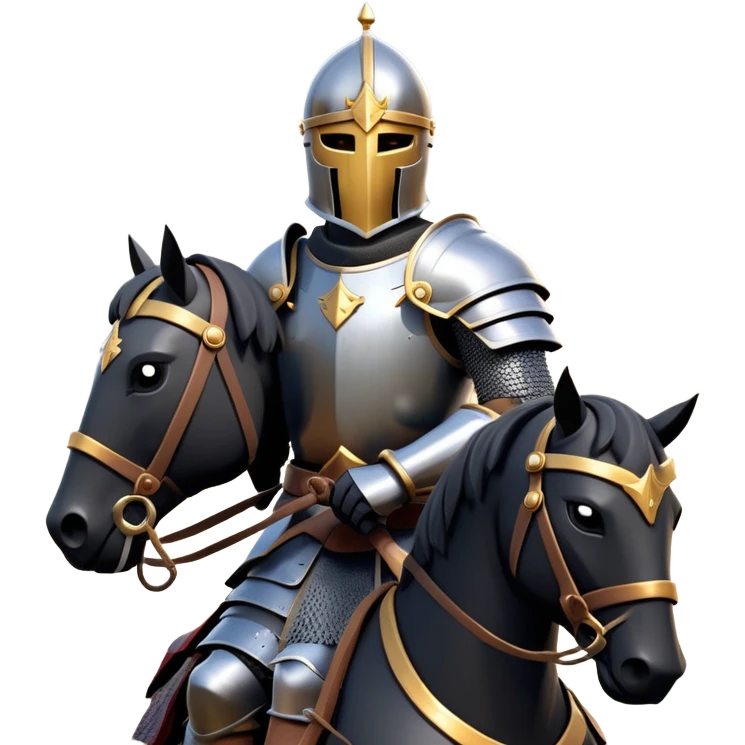 clash-of-clans-aesthetic_-cinematic-fearsome-and-majestic-knight-bust-portrait-emoji, rendered in a flat, vector-style with minimal shading and bold, simplified shapes, depicting a battle-ready medieval knight with steely eyes and intricate armor, mounted riding on a black warhorse reflecting sunlight over a misty battlefield. emoji