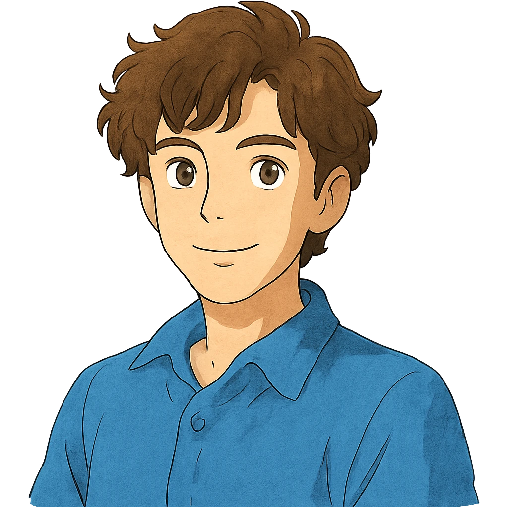 ghibli style good looking young adult boy with brown curly hair and brown eyes emoji
