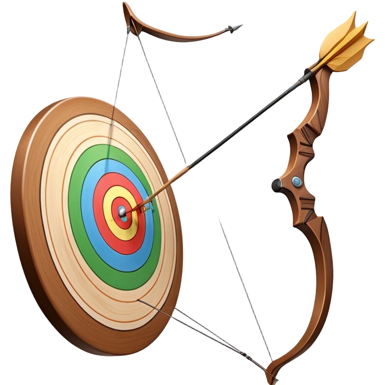 A professional recurve bow with an arrow nocked, ready to be released. The target features concentric rings, placed at a distance. The emphasis is on the bow, arrow, and target, highlighting the precision, focus, and skill involved in competitive archery. emoji