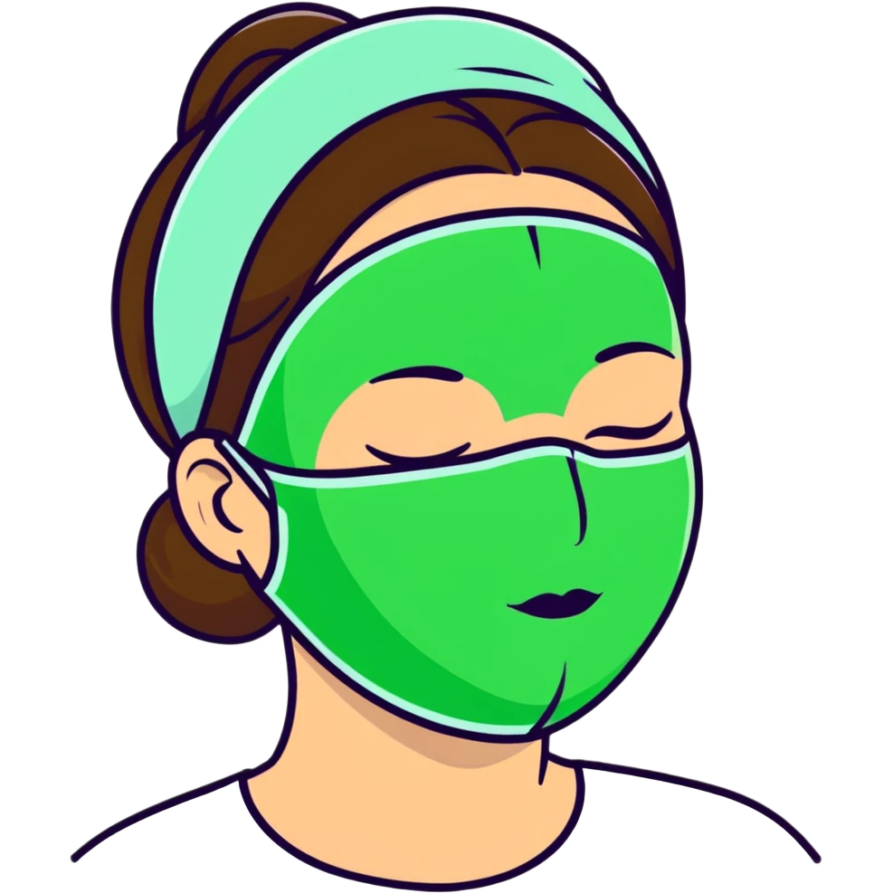 Girl with closed eyes sleeping with green beauty face mask on, relaxing self care moment emoji