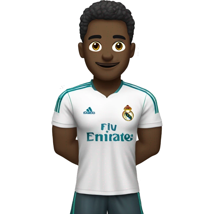futbolista negro, con la camiseta del real madrid, pelo rizado cayendo sobre su frente emoji