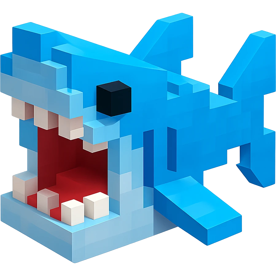 voxel style shark, open mouth, blocky, blue and silver, no background emoji