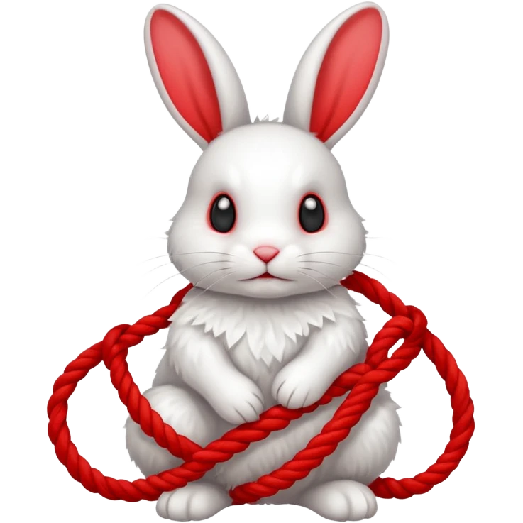 White realistic bunny with red ropes tangled tightly around emoji