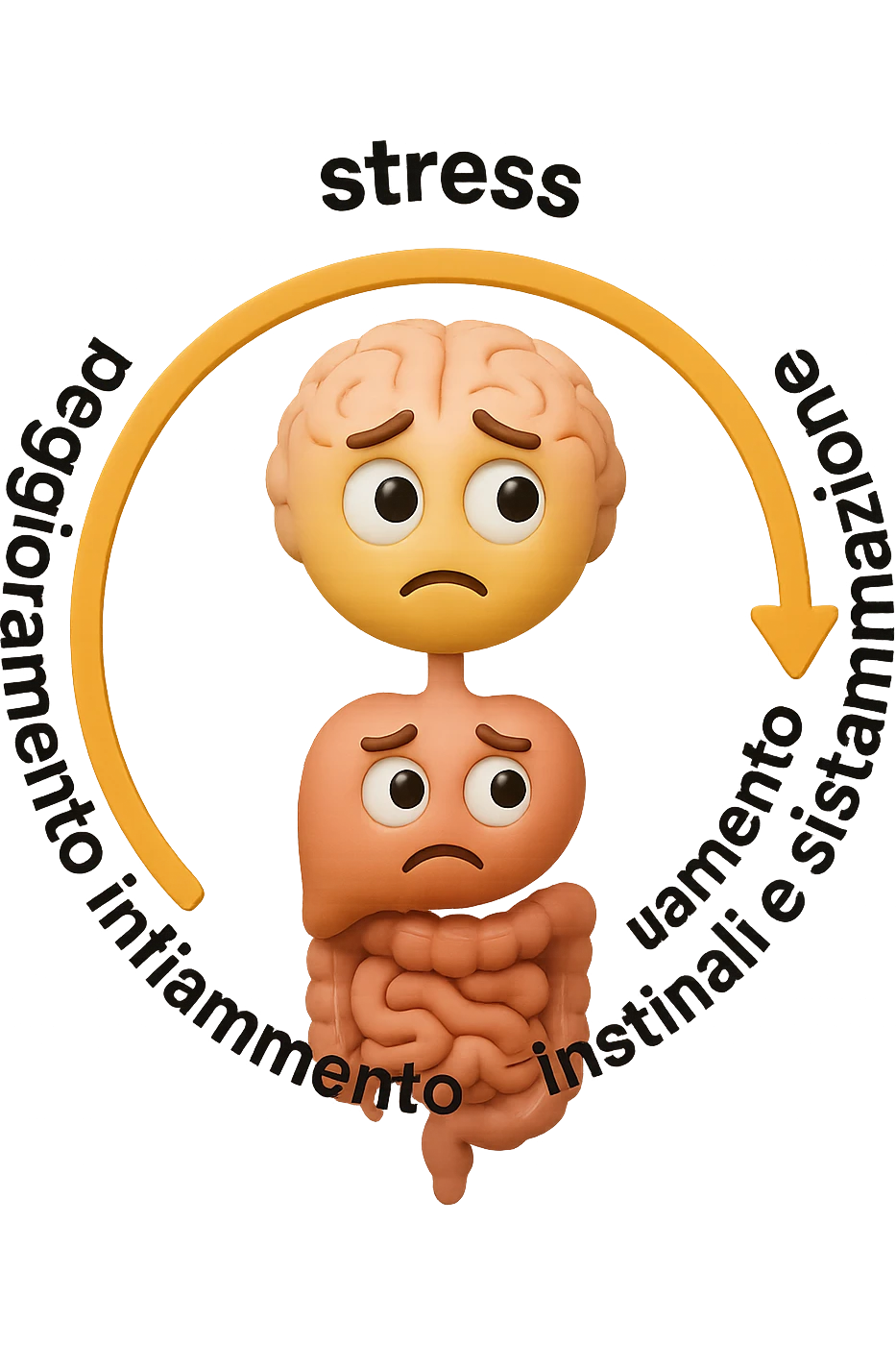 EMOJI STILE IPHONE 3D DI un cerchio con queste scritte che girano intorno "stress → peggioramento intestinale → aumento infiammazione → peggioramento sintomi intestinali e sistemici." al centro del cerchio metti un cervello e intestino umani collegati verticalmente con espressione dubbiosa in volto, FALLO MOLTO REALISTICO IN 3D emoji
