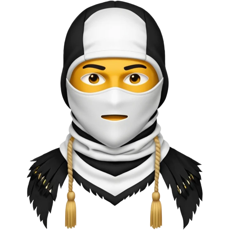 Deconstructed off-white balaclava with frayed layers, rope tassels, subtle embroidery. Studio photo, white bg, soft light. Streetwear luxury style.
 emoji