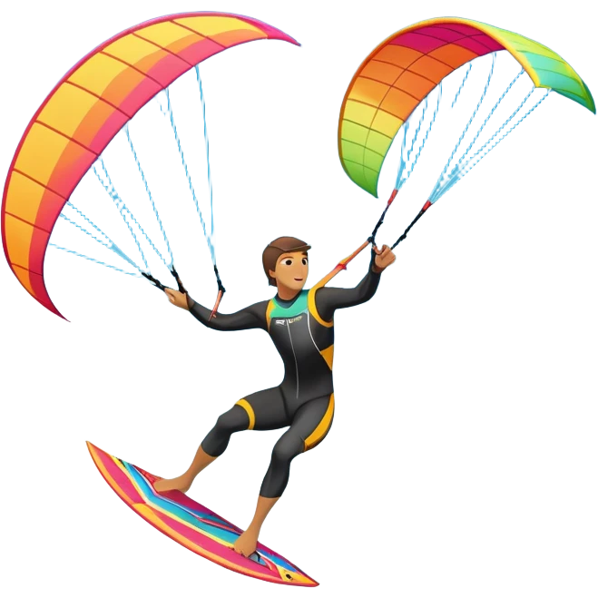 A kitesurfer soaring through the sky, harnessing the wind on a bright, colorful kite. The scene shows the surfer gliding over the water with the kite above, emphasizing the freedom, speed, and thrill of the sport in a dynamic coastal setting. emoji